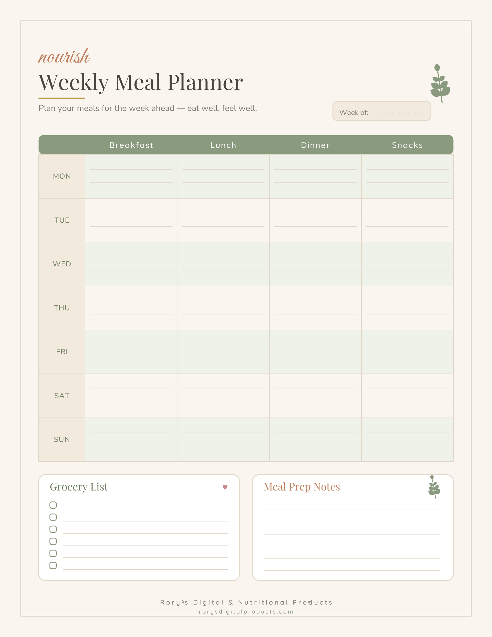 Wellness Self-Care Planner — meal planner