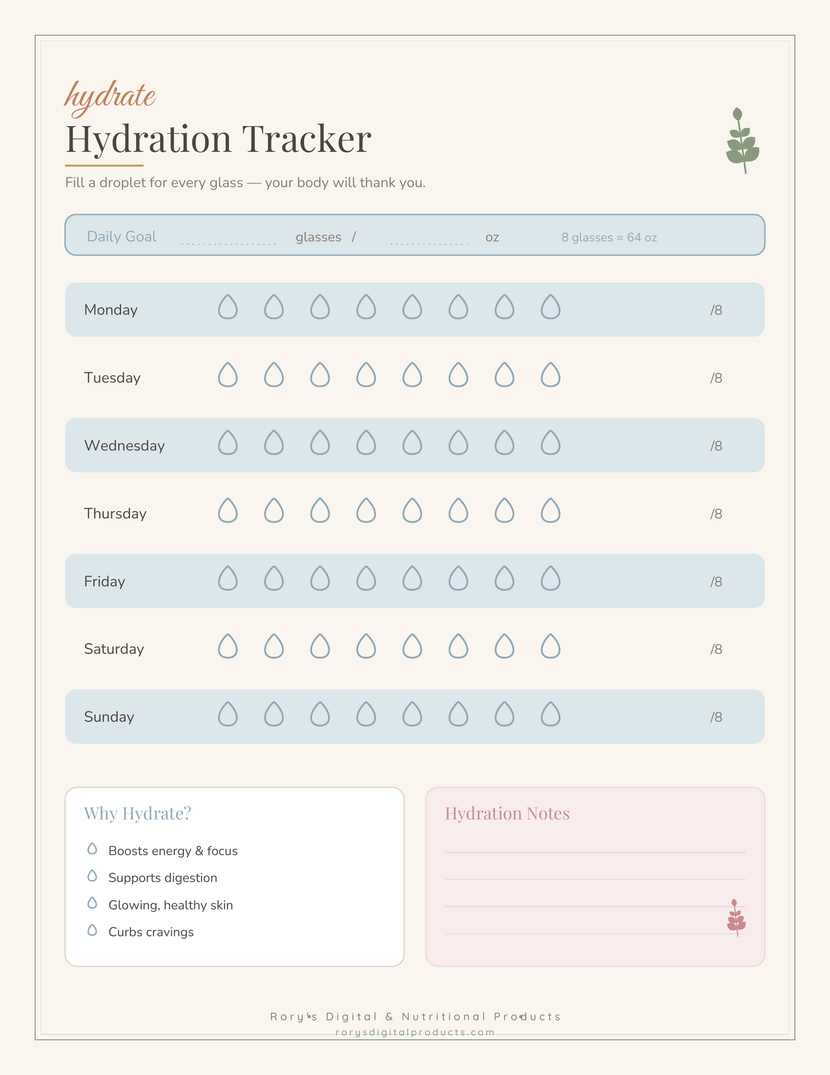 Wellness Self-Care Planner — hydration tracker