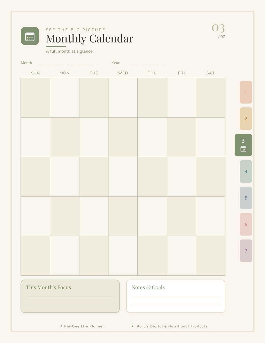 Life Planner — monthly calendar layout