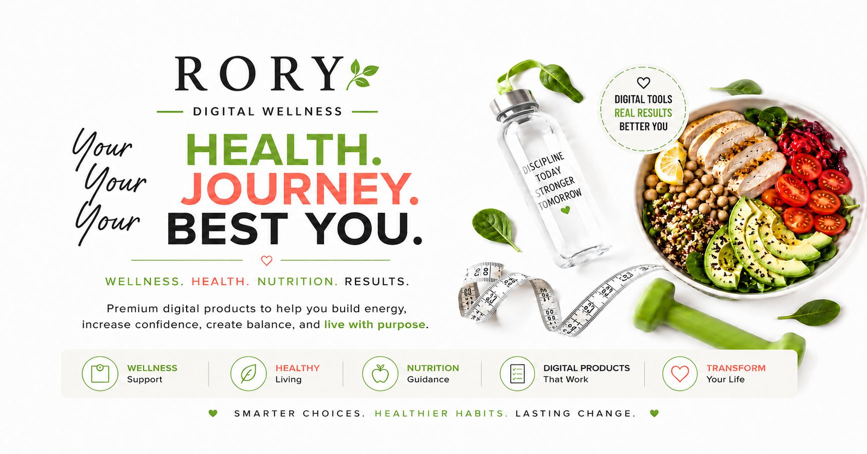 Rory Digital Wellness promotional graphic with a bowl of salad, water bottle, and measuring tape on a white background.